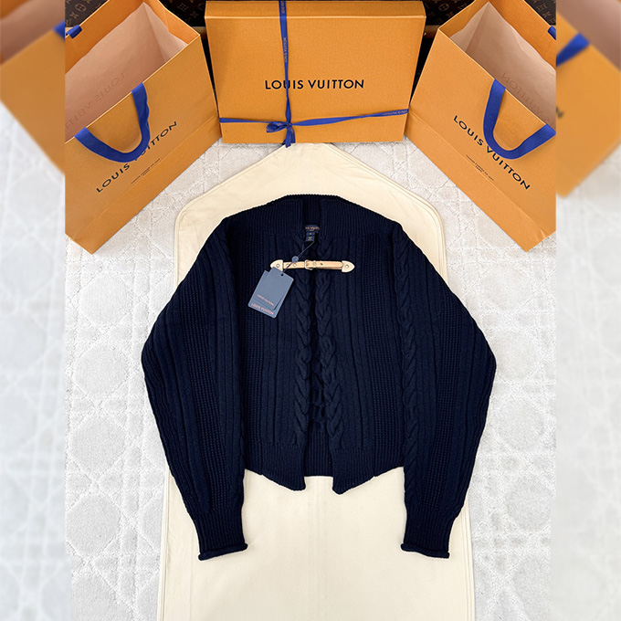 lv louis vuitton cable knit cardigan with strap detail